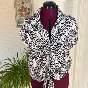 Panama Jack Cropped Blouse Size Large | Black & White Print | Linen/Rayon